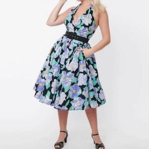 Unique Vintage Small halter dress black and lilac floral swing dress